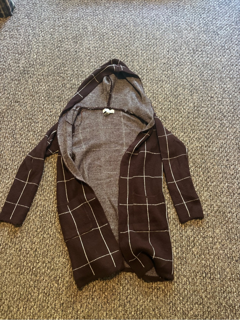 Women’s Hooded Open-Front Windowpane Cardigan Sweater - Brown
